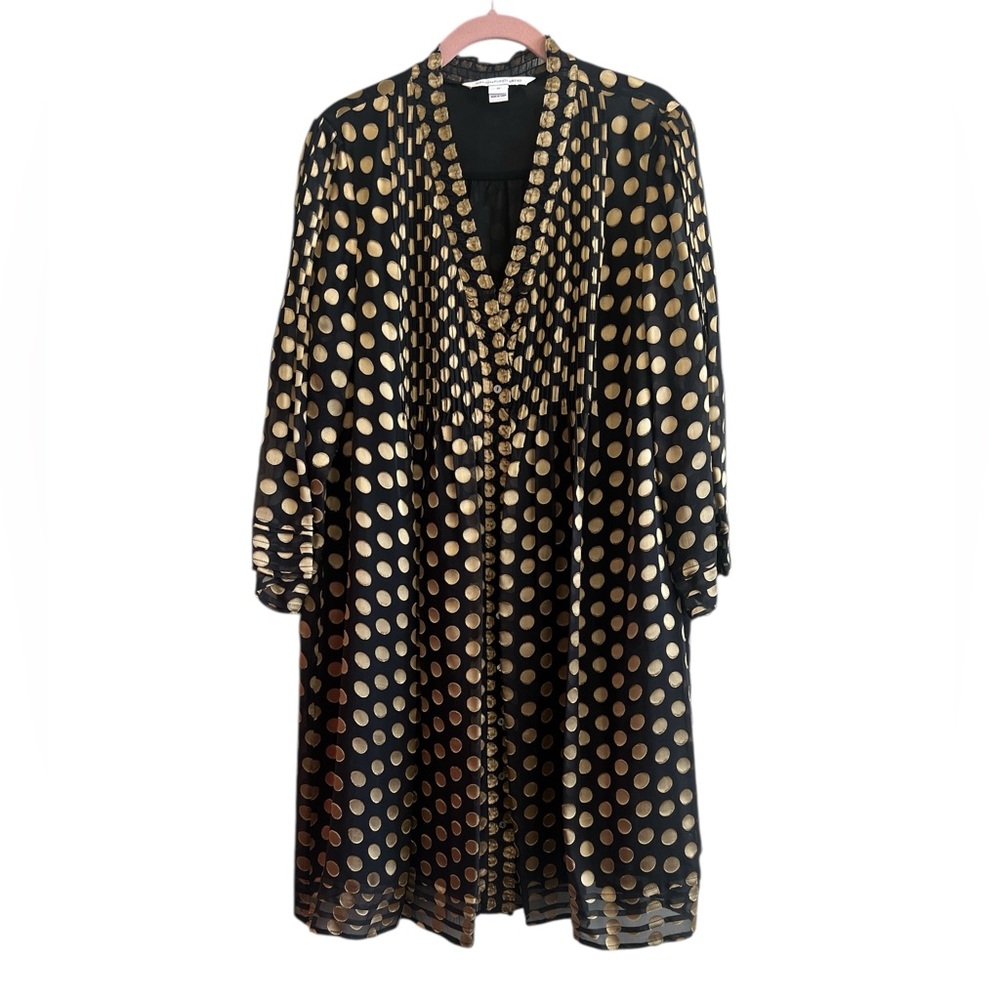 Diane Von Furstenberg Black And Gold Polka Dot Layla Mini Dress Size 10